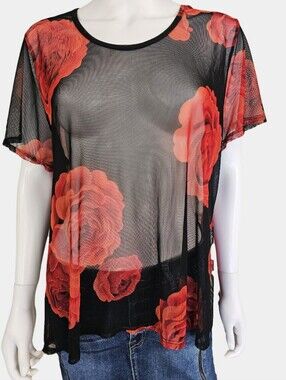 OMT Fashions Round Neck Sheer Floral Hi-Low Oversized Top Size 1X